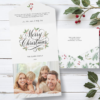 Invitación Todo En Uno Acuarela Feliz Navidad Escritura Botánica