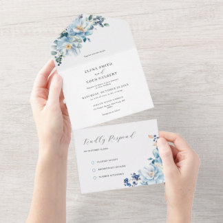 Invitación Todo En Uno Acuarela floral azul polvoriento