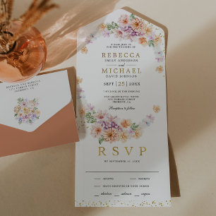 Invitación Todo En Uno Acuarela Floral de Primavera Boda Dorada