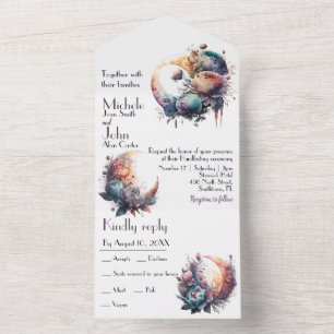 Invitación Todo En Uno acuarela floral luna gótica Handfasting