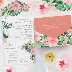 Invitación Todo En Uno Acuarela Floral Verde Tropical Presupuesto Boda