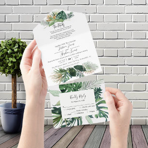 Invitación Todo En Uno Acuarela Hojas de Selva Tropical Todo en Uno