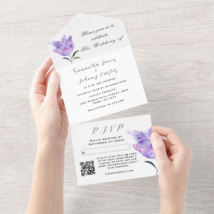 Invitación Todo En Uno Acuarela Lílago botánico Boda morado floral