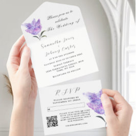 Invitación Todo En Uno Acuarela Lílago botánico Boda morado floral
