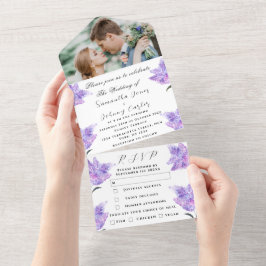 Invitación Todo En Uno Acuarela Lílago botánico Boda morado floral