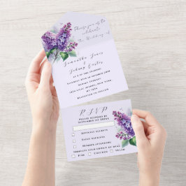 Invitación Todo En Uno Acuarela Lílago botánico Boda morado floral A