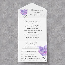 Invitación Todo En Uno Acuarela Lílago botánico Boda morado floral A