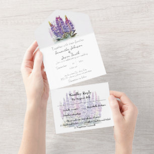 Invitación Todo En Uno Acuarela Lupine y Montaña