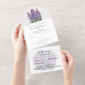 Invitación Todo En Uno Acuarela Lupine y Montaña
