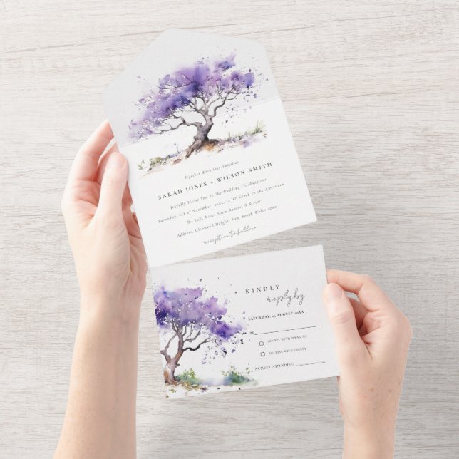Invitación Todo En Uno Acuarela mínima Lilac Jacaranda Tree Boda (desgarro)