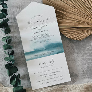 Invitación Todo En Uno Acuarela moderna   BODA VERDE AZULADO