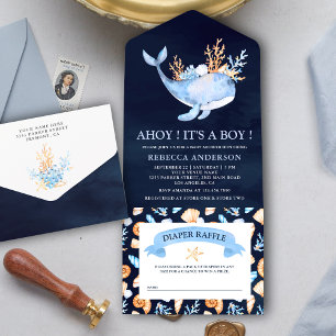 Invitación Todo En Uno Acuarela Náutica Ballena Azul Marino Baby Shower