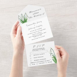 Invitación Todo En Uno Acuarela Nieve gotas de Boda floral blanca