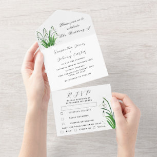 Invitación Todo En Uno Acuarela Nieve gotas de Boda floral blanca