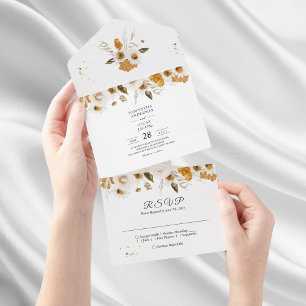 Invitación Todo En Uno Acuarela Otoño Amarillo y Floral Blanco Todo en Un
