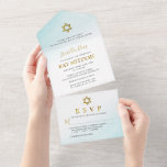 Invitación Todo En Uno Acuarela Pastel Azul Dorado Bat Mitzvah<br><div class="desc">Acuarela Pastel Azul Dorado Invitación Todo en Uno Bat Mitzvah</div>