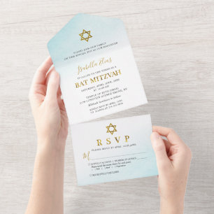 Invitación Todo En Uno Acuarela Pastel Azul Dorado Bat Mitzvah