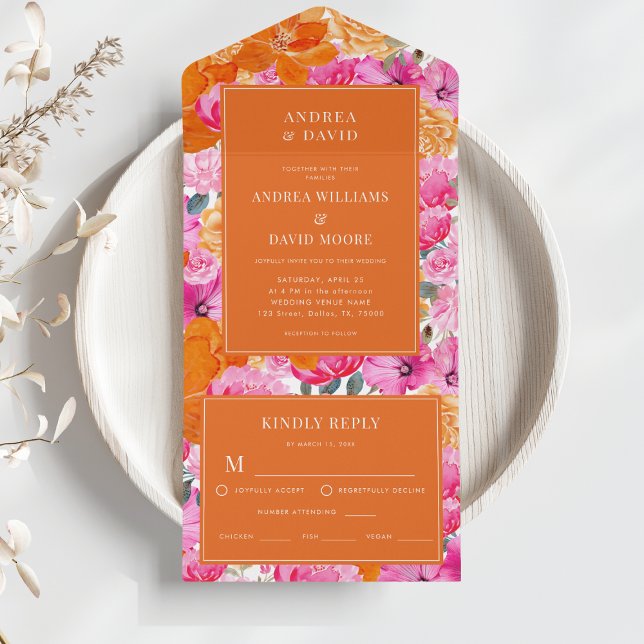 Invitación Todo En Uno Acuarela rosa y Naranja Boda de vibración floral (Subido por el creador)