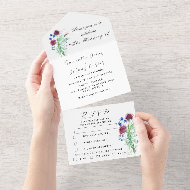 Invitación Todo En Uno Acuarela Thistle Botánico Boda floral simple (desgarro)