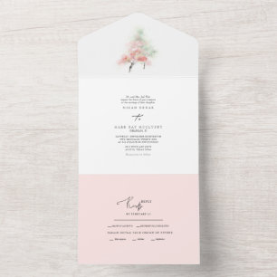 Invitación Todo En Uno Acuarela Tono Rosado de Primavera y Árboles Verdes