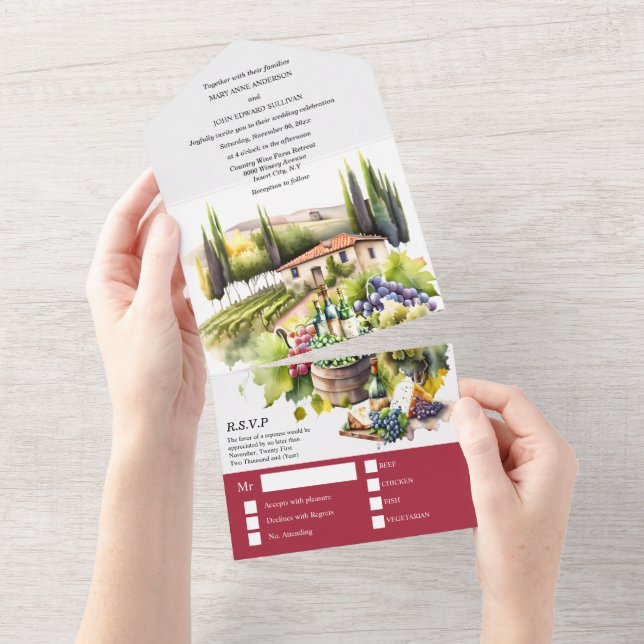 Invitación Todo En Uno Acuarela toscana boda burgundy Bodega italiana (desgarro)