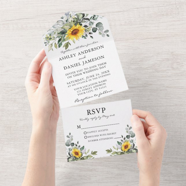 Invitación Todo En Uno Acuarela Verde Botánico Boda de girasoles (desgarro)