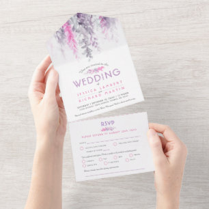 Invitación Todo En Uno Acuarela vid indigo rosa púrpura comida RSVP