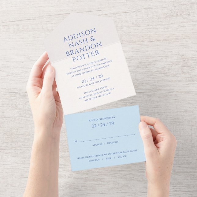 Invitación Todo En Uno Addison Blue Classic Elegant Wedding (desgarro)