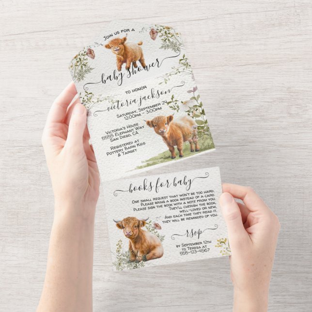 Invitación Todo En Uno Adorable Highland Cow Baby Shower (desgarro)