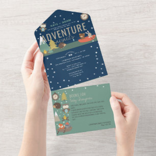 Invitación Todo En Uno Adventure Woodland & Books Boy Navy Baby Shower