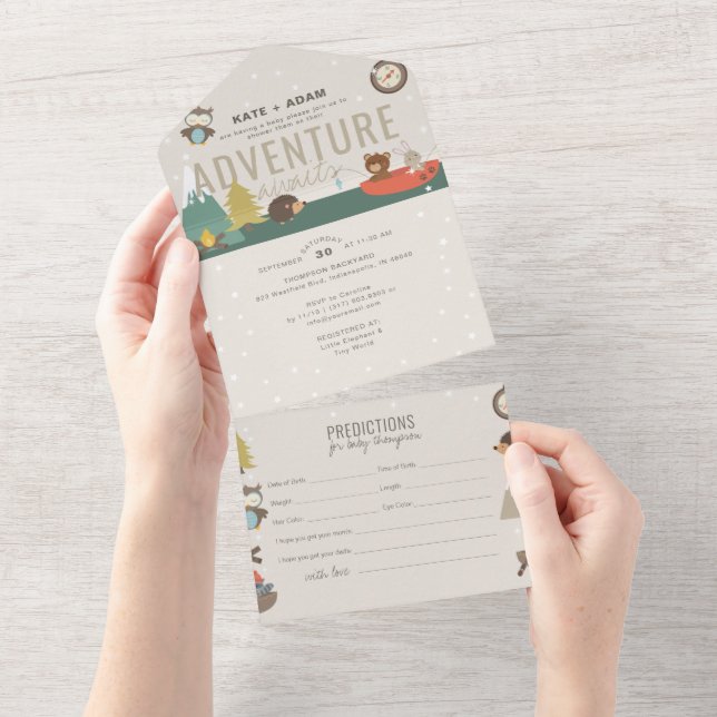 Invitación Todo En Uno Adventure Woodland Predictions Neutral Baby Shower (desgarro)