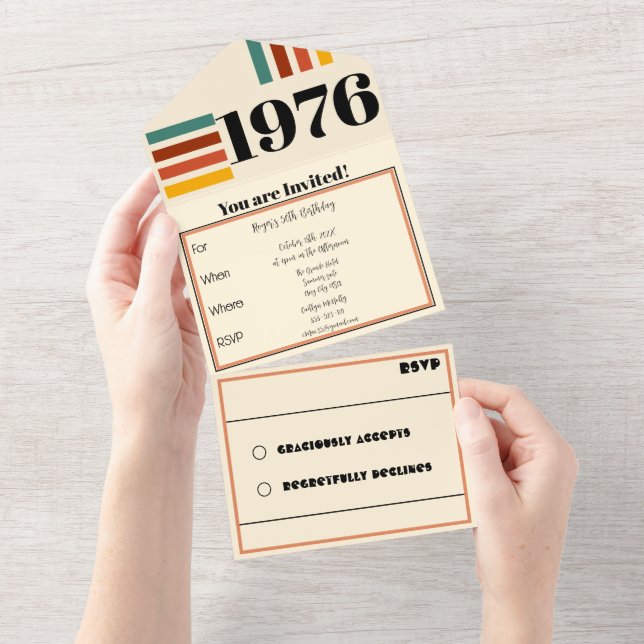 Invitación Todo En Uno Afiche retro vintage de 1976 50 cumpleaños negro (desgarro)