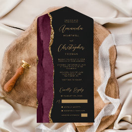 Invitación Todo En Uno Agata Borgoña Oro Script Oscuro
