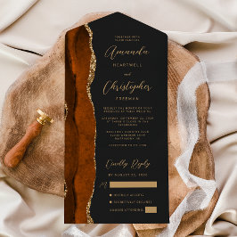 Invitación Todo En Uno Ágata Naranja Quemada Dorado Script Oscuro