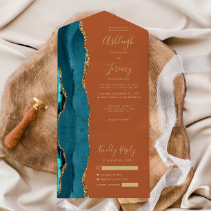 Invitación Todo En Uno Ágata Teal Dorado Naranja Quemado Boda