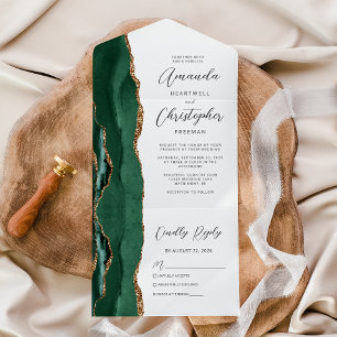 Invitación Todo En Uno Agata Verde Esmeralda Oro Boda