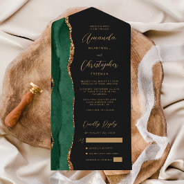 Invitación Todo En Uno Ágata Verde Esmeralda Oro Script Boda Oscura