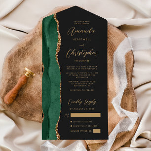 Invitación Todo En Uno Ágata Verde Esmeralda Oro Script Boda Oscura