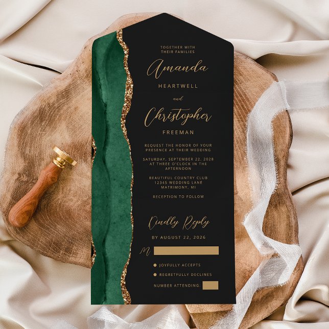 Invitación Todo En Uno Ágata Verde Esmeralda Oro Script Boda Oscura (Subido por el creador)