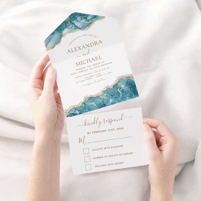 Invitación Todo En Uno Agate Aqua Turquoise Blue Gold Wedding RSVP (Subido por el creador)