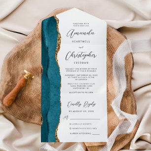 Invitación Todo En Uno Agate Azul Teal Dorado Script