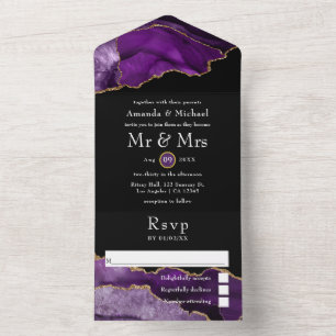 Invitación Todo En Uno Agate Boda morado y dorado todo en una sola invita