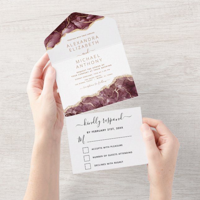 Invitación Todo En Uno Agate Burgundy Gold Boda Elegant Moderant All In (desgarro)