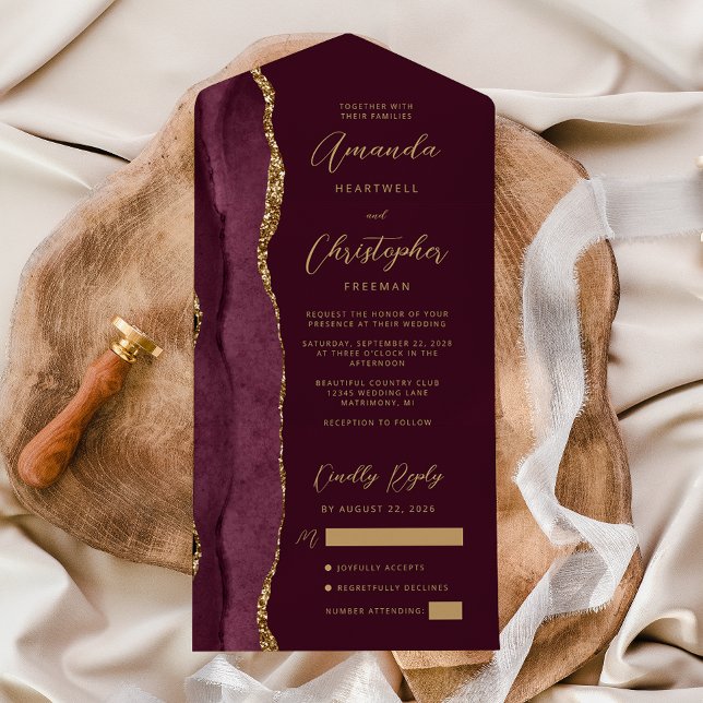 Invitación Todo En Uno Agate Burgundy Gold Script (Subido por el creador)