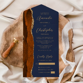 Invitación Todo En Uno Agate Burnt Naranja Gold Script Navy Blue