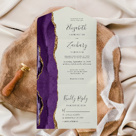 Invitación Todo En Uno Agate de oro morado Boda de marfil