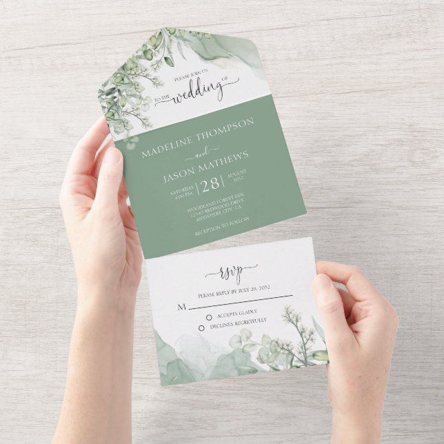 Invitación Todo En Uno Agate Eucalyptus Boda (desgarro)