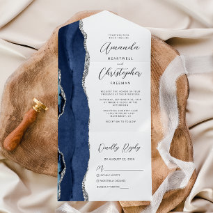 Invitación Todo En Uno Agate Navy Blue Silver Boda