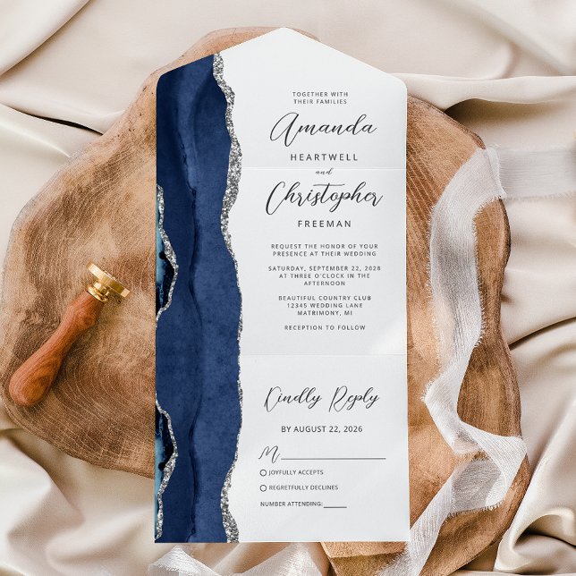 Invitación Todo En Uno Agate Navy Blue Silver Boda (Subido por el creador)