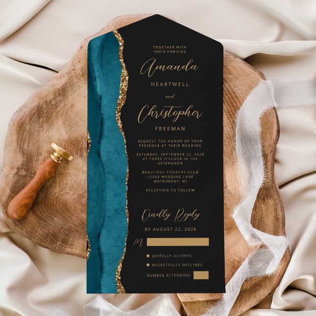 Invitación Todo En Uno Agate Verde azulado Blue Gold Script Oscuro (Subido por el creador)